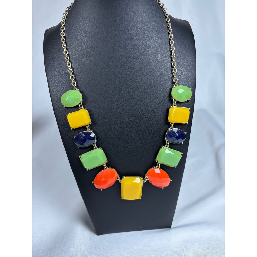 Multi-Color Geometric Resin Stone Statement Necklace Gold Tone Bib Adjustable